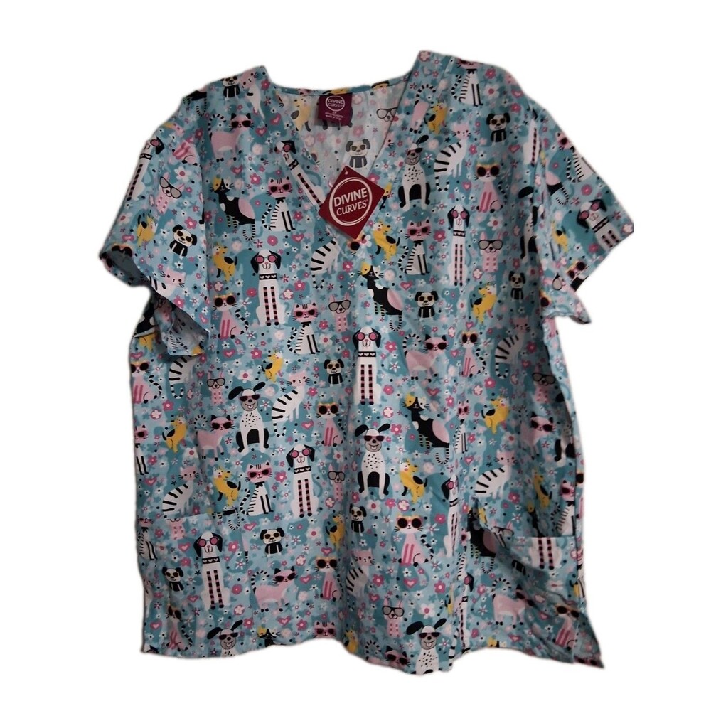 NWT Women's Divine Curves Dog Cat Scrub Top Size 2X Pets